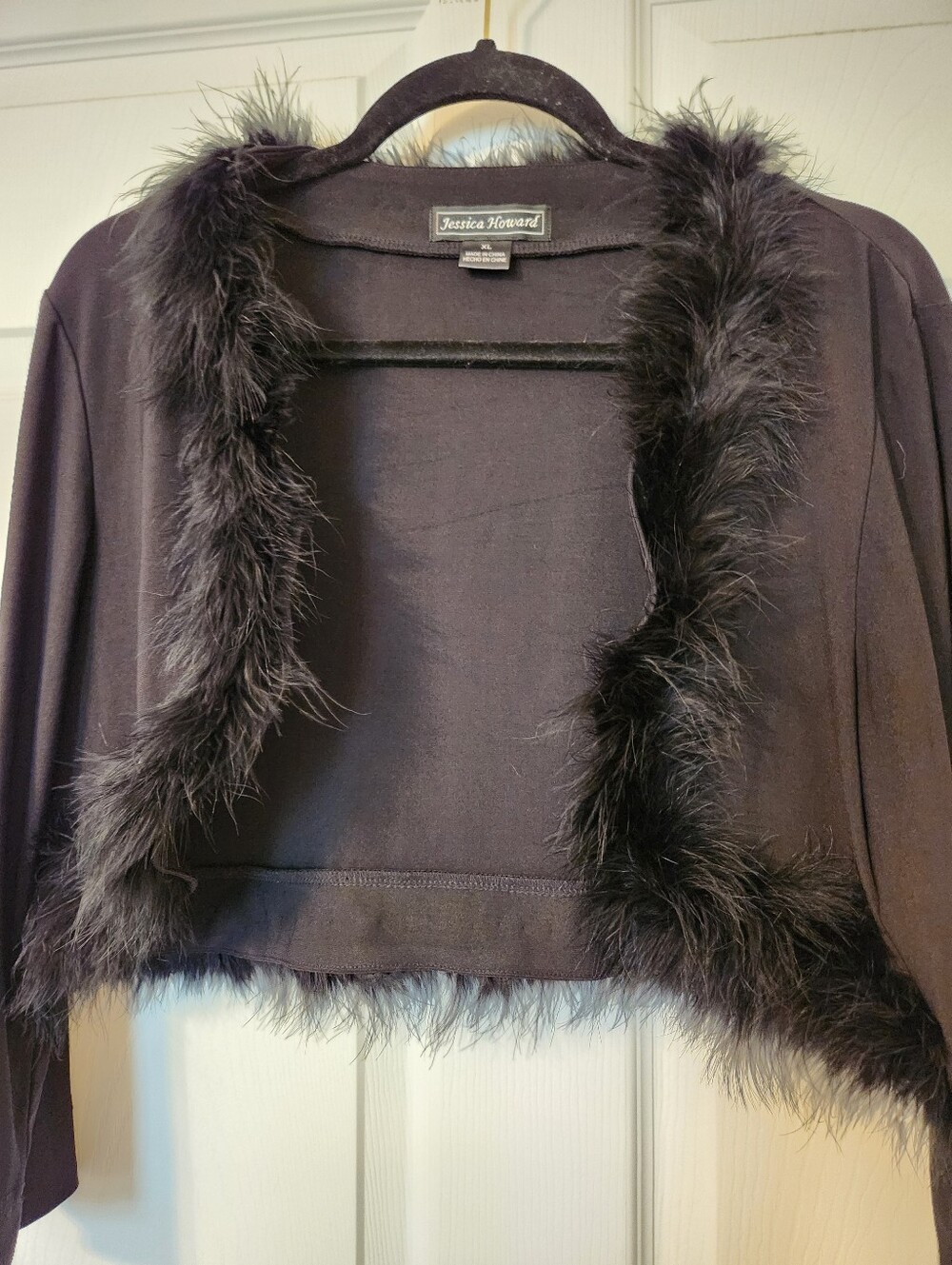 Jessica Howard Black Feather-Trim Cropped Bolero, sz XL